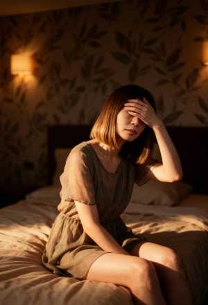 花柄の壁紙と壁取り付け用燭台が 2 つある薄暗い寝室で、ベッドに座って手で目を覆って...。