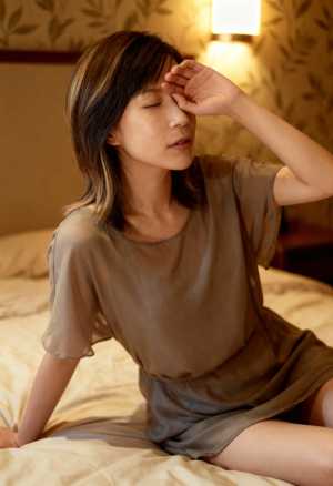 花柄の壁紙と温かみのあるランプを背景にした薄暗い寝室で、ベッドに座って片手で頭を押さ...。