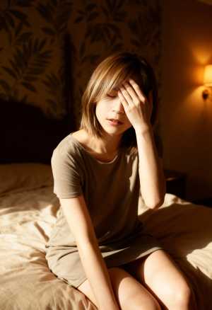 柔らかく暖かい光に照らされて、頭を両手で抱えてベッドに座っている若い女性を横から撮影...。