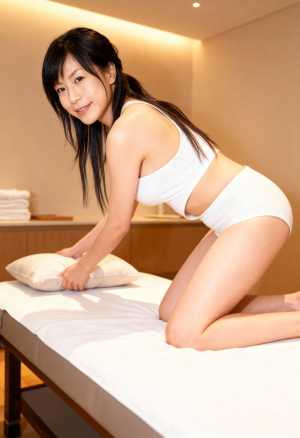 白いタンクトップを着た女性がベッドの上でかがみ込み、自信に満ちた笑顔を浮かべている様...。