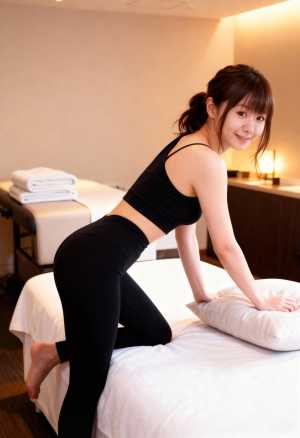 黒のタンクトップとタイトな黒のレギンスを着た若い女性がスパのマッサージ テーブルでポ...。