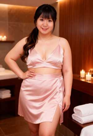 豪華なスパ環境で、ピンクのサテンの衣装を着た若い女性を正面から写実的に撮影したもの。