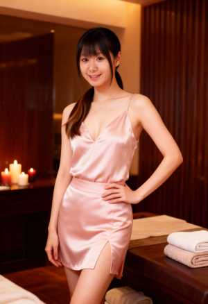 豪華なスパ環境で、ピンクのサテンのスリップ ドレスを着た若い女性を正面から撮影した写...。