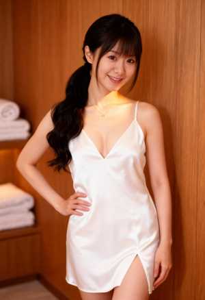 白いタオルの束を背景に、木製の壁に白いスリップ ドレスを着てポーズをとる若い女性を正...。