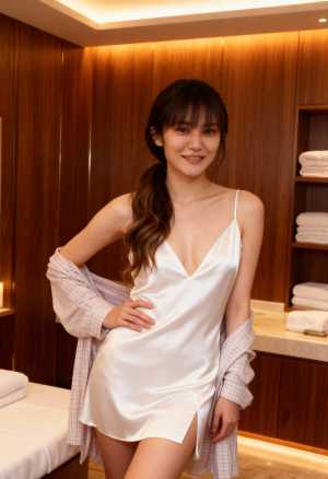 白いサテンのスリップドレスを着て、その下にチェックのシャツを着て、豪華なバスルームで...。