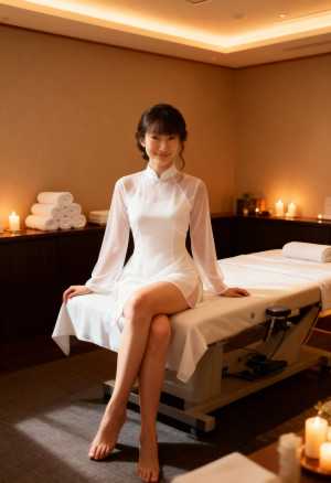 白いドレスを着て、スパのマッサージ テーブルに座っている若い女性を正面から写実的に撮...。