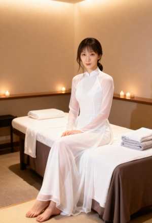 白い長袖のドレスを着て、スパのマッサージ テーブルに座っている女性を正面から写実的に...。