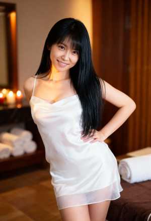 白いスリップ ドレスを着て、スパ環境でポーズをとる若い女性を横から撮影した写実的な写真。