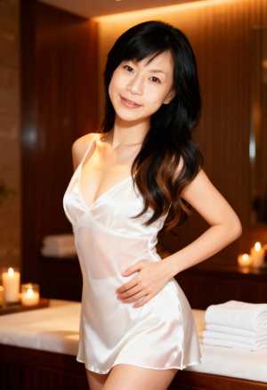 スパの環境で、薄手の白いナイトガウンを着てポーズをとる若い女性を、ポートレート アン...。