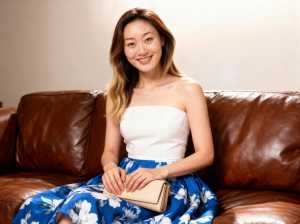 白いストラップレスのトップと青い花柄のスカートを着て、リビング ルームの茶色の革張り...。