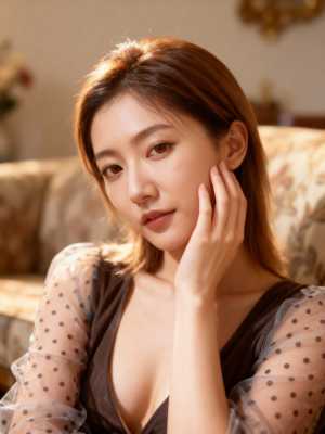 居心地の良いリビングルームのソファに座る、色白の肌と長くまっすぐな茶色の髪を持つ若い...。