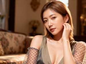 花柄のソファを背景に居心地の良いリビング ルームに座っている、白い肌と長い茶色の髪を...。