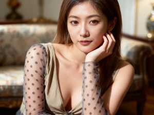 長くストレートな茶色の髪と白い肌を持つ若い女性が写実的に写実的に描かれており、画像の...。