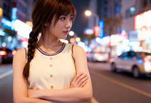 夜の街の通りの真ん中に立ち、紫色のトリムが付いた白いノースリーブのボタンダウンシャツ...。