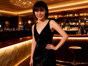 薄暗いバーに黒いベルベットのドレスを着て自信を持って立っている若い女性を、正面カメラ...。