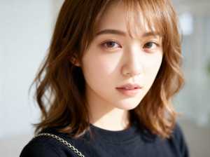 ポートレートカメラの角度から撮影した、中性的な表情を持つ若い女性のクローズアップポー...。