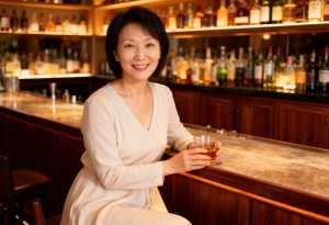 右手にウイスキーのグラスを持ち、バーに座っているアジア系の中年の女性のポートレート。