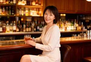バーに座り、琥珀色の飲み物のグラスを持ちながらカメラに向かって微笑む中年のアジア人女...。