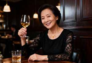 薄暗いレストランの木のテーブルに座り、右手に白ワインの入ったグラスを持ち、カメラに向...。