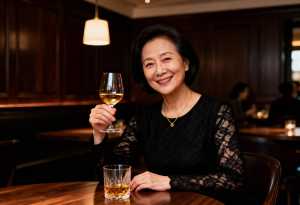 薄暗いレストランの木のテーブルに座り、右手に白ワインのグラス、左手に小さなウィスキー...。