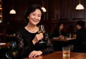 薄暗いレストランの木のテーブルに座り、右手に白ワインの入ったグラスを持ち、カメラに向...。