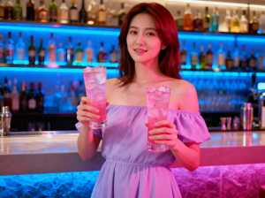 長い赤い髪の若い女性が画像の中央に立ち、ピンクの液体と氷が入った背の高いグラスを 2...。