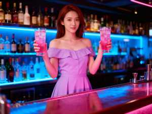 薄暗いバーの中で、氷の入ったピンクのカクテルを 2 杯持ってバーの後ろに立っている若...。