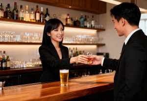 バーで客にドリンクを提供するバーテンダーを正面カメラのアングルから写実的に撮影したもの。