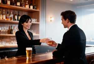 バーで顧客にビールのグラスを手渡す受付係の正面カメラ アングルからの写実的な撮影。