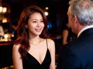 薄暗いレストランの環境で、黒いドレスを着た女性がフォーマルな服装をした年配の男性に微...。