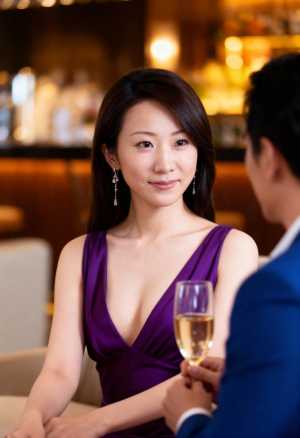 紫色のドレスを着た女性がテーブルに座り、白ワインのグラスを前にカメラに向かって微笑ん...。