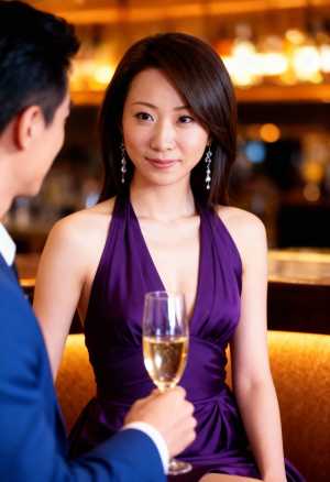 フォーマルな環境で男性の前でシャンパンを飲みながらテーブルに座る、紫のドレスを着た女...。