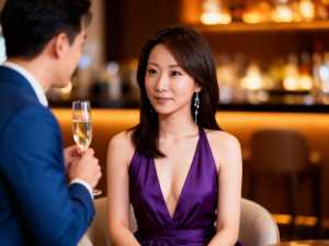 紫色のドレスを着た女性が、フォーマルな雰囲気の中でシャンパンのグラスを持った男性に注...。