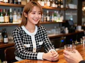 黒と白のチェック柄のカーディガンを着て、バーに座り、カメラに向かって微笑む若い女性を...。