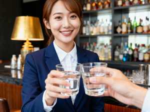 バーの店内で、水を 2 杯持った笑顔のウェイトレスを正面カメラのアングルから写実的に...。