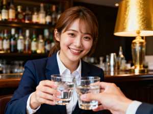 バーに座って、目の前に2杯の水を持ちながらカメラに向かって微笑むアジア系の若い女性の...。