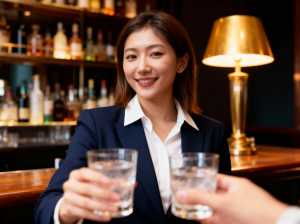 薄暗いバーで、後ろの棚に置かれた酒瓶のぼかした背景を背景に、グラス 2 杯の水を持っ...。