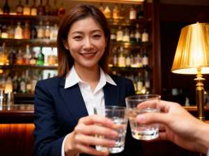 薄暗いバーの中で、水を 2 杯持ったウェイトレスを正面カメラのアングルから写実的に撮...。