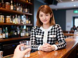 バーに座ってグラス一杯の水を前に自信に満ちた笑顔を浮かべている若い女性を正面カメラの...。