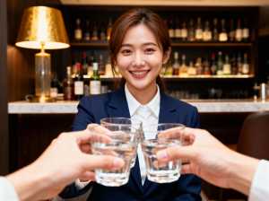 バーカウンターの前で、酒瓶のぼかした背景を背景に、2 杯の水を持ちながら微笑むウェイ...。