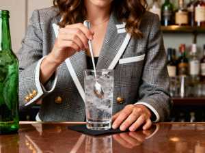 バーに座っているバーテンダーの正面からのクローズアップショット。