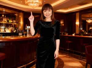 高級バーに立って親指を立てるジェスチャーをする若い女性を正面カメラのアングルから写実...。