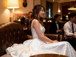 画像中央の茶色の革張りのソファに座る花嫁は、大きく開いたネックラインが体型を際立たせ...。