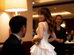 白いウェディングドレスを着た花嫁がホテルのロビーに立ち、肩越しに微笑みを浮かべている。