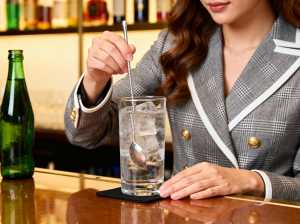 バーに座っている女性は、金のボタンが付いたグレーのチェック柄のブレザーを着て、氷の入...。