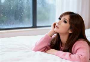 ピンクのセーターを着て、思慮深い表情でベッドに横たわる若い女性を横から撮った写実的な写真。