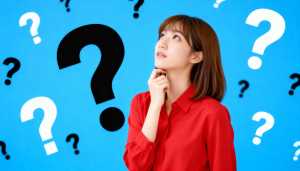 赤いボタンアップシャツを着た長い茶色の髪の若いアジア人女性が、青い背景の画像の中央に...。