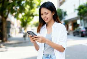 街の通りに立って、笑顔で携帯電話を見ているアジア系の若い女性。