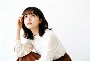 真っ白な背景のフレームの中央に座って、思慮深い表情をした若い女性の写実的なポートレート。