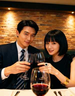 レストランのテーブルに座り、ワイングラスを持ち、カメラに向かって微笑むカップル。